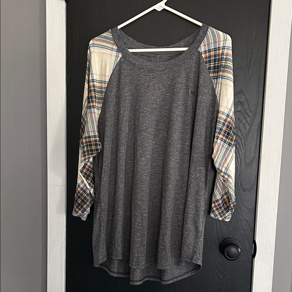Maurices Gray Top with Plaid Sleeves